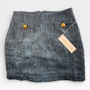 Bishop Young Tweed Mini Skirt Gold Button Embellished Navy Blue Size S NWT